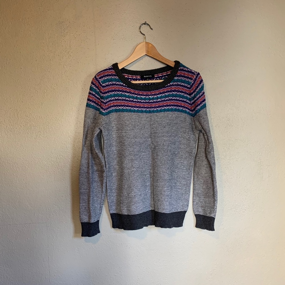 Relativity Gray Teal Purple Striped Crew Neck Sweater M